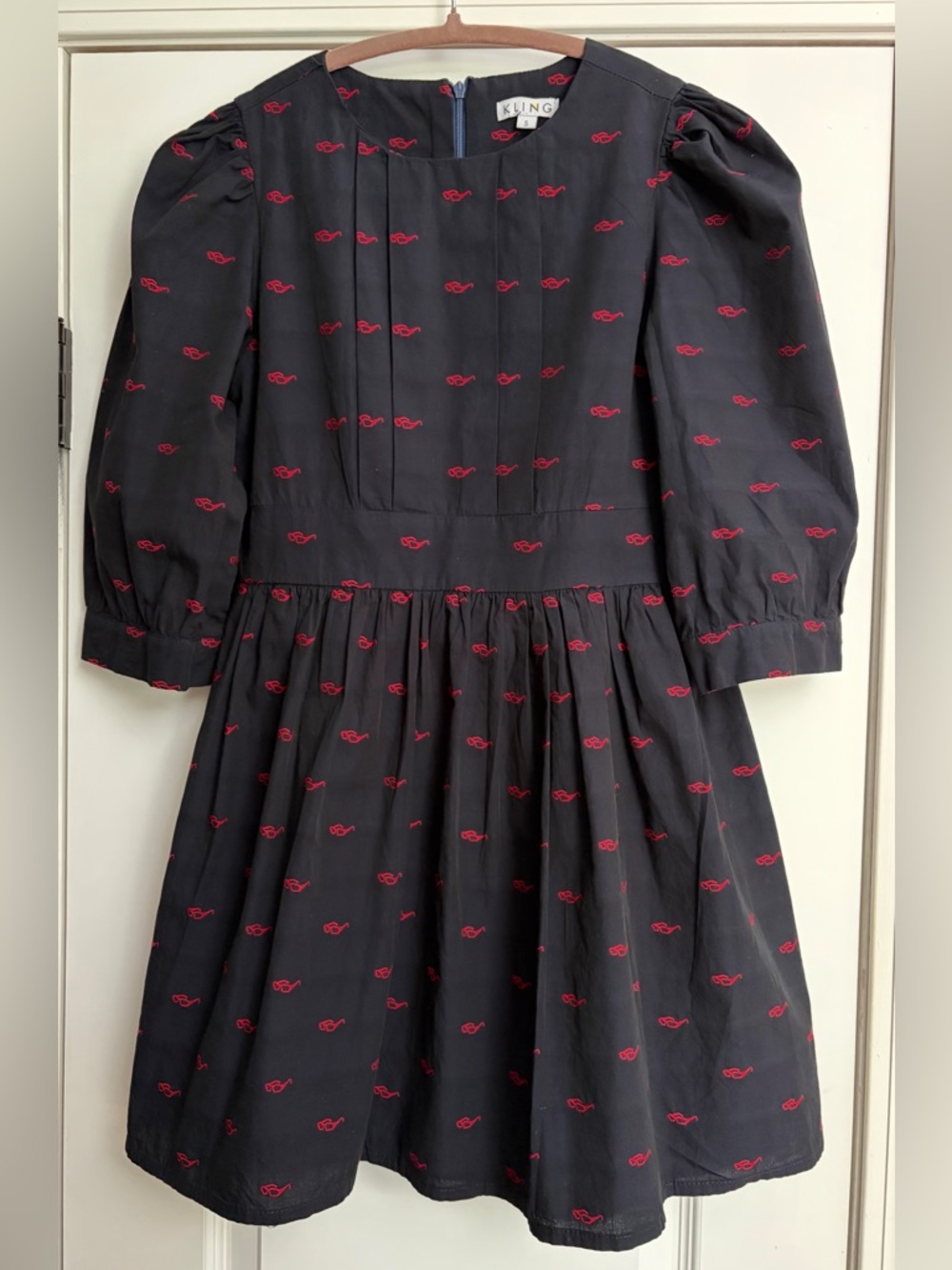 Kling Ladies Cotton Navy A-line Babydoll Dress Red Embroidered Glasses Sz S